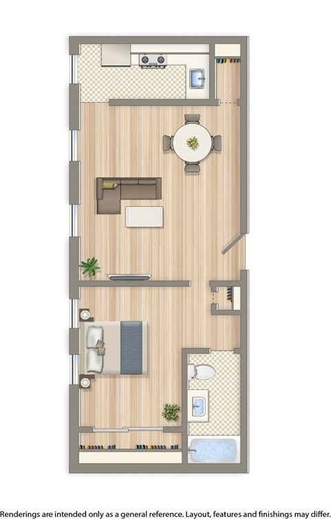 Floor plan for 1 bed, 1 bath, 573 sqft